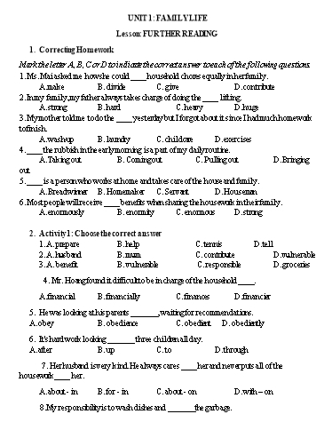 Ôn tập Tiếng Anh 10 - Unit 1: Family Life - Lesson: Further Reading